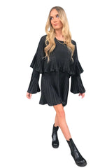 Black Pleated Ruffle Long Sleeve Mini Dress – Nola