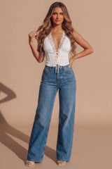 White Lace Trim Lace Up Corset Top- Fioran
