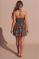 Leopard Brown Polka Dot Tiered Frill Halterneck Mini Dress- Joyna