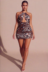 Brown Marble Print Chain Halter Neck Crossover Cut Out Detail Mini Dress - Cassara