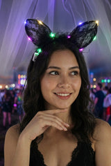 Black Halloween Filigree Cat Ears Headband with LED Lights - Gabrielle