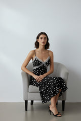Black Polka Dot Satin Lace Trim Cami Crop Top & Midaxi Skirt Co-Ord- Niyana