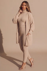 Dusty Pink Ribbed Knitted 3 Piece Loungewear Set-Jinet