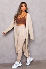 Stone Knitted Long Sleeve Side Split Longline Midi Cardigan - Avery