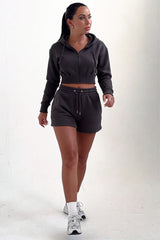 Charcoal  Zip Up Hoodie & High Waisted Shorts Co-ord Set - Eliza