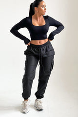 Black Drawstring Elasticated Waist Cuffed Pocket Parachute Trousers - Love