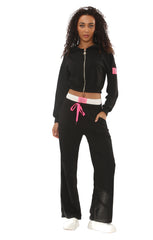 Black Cropped Zip-Up Hoodie with Wide Leg Joggers Statement Patch Loungewear Set – Zaria