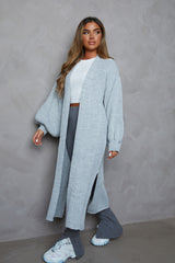 Grey Knitted Balloon Sleeve Side Split Longline Midi Cardigan- Emmy