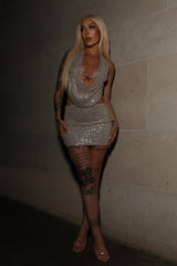 Silver Sequin Sparkling Cowl Neck Crop Top And Mini Skirt with Starfish Detail Co Ord Set - Elithia