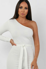 White Belted One Shoulder Jumpsuit - Evelyn
