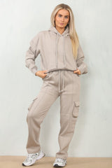 Dove Grey Cropped Fleece Hoodie with Cargo Jogger Sweatpants Loungewear Set - Roshana