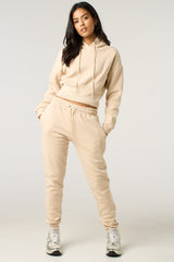 Stone Long Sleeve Cropped Fleece Hoodie & Cuffed Joggers Loungewear Set - Layla