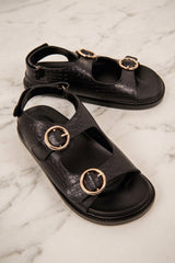 Black Croc Buckle Strap Flat Sandals - Viyra