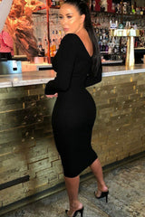 Black Ribbed V Neck Midi Jumper Dress - Ivy