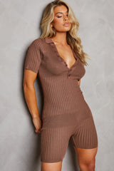 Light Chocolate Buttoned Up Short Sleeve Ribbed Playsuit - Allegra