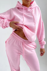 Baby Pink Oversized Front Pocket Pullover Hoodie Cuffed Joggers Loungewear Set - Alexia