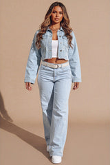 Light Blue Cropped Denim Jacket With Pockets - Desta