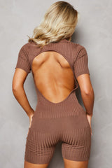 Light Chocolate Buttoned Up Short Sleeve Ribbed Playsuit - Allegra