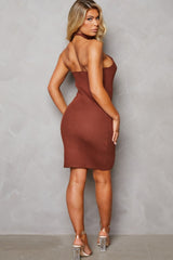 Chocolate Knitted Cut Out Crossover Halter Neck Bodycon Mini Dress - Elena