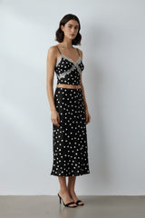 Black Polka Dot Satin Lace Trim Cami Crop Top & Midaxi Skirt Co-Ord- Niyana