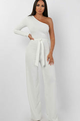 White Belted One Shoulder Jumpsuit - Evelyn