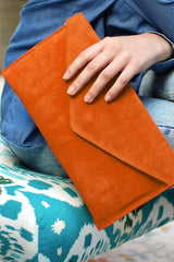 Orange Suede Envelope Luxe Clutch Bag - Laura