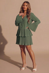 Khaki Oversized Pleated Frill Tiered Mini Dress- Cashy