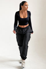 Black Drawstring Elasticated Waist Cuffed Pocket Parachute Trousers - Love