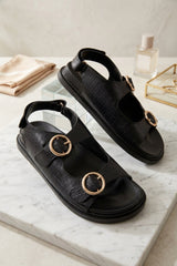 Black Croc Buckle Strap Flat Sandals - Viyra