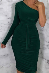 Emerald One Shoulder Ruched Slinky Midi Dress - Savannah