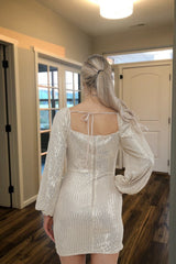 Beige Sequin Sweetheart Neck Puff Sleeve Bodycon Mini Dress- Kiana