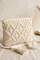 Cream Macramé Tassel Crossbody Clutch Bag – Cymi