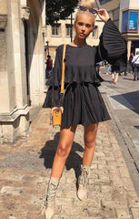 Black Pleated Ruffle Long Sleeve Mini Dress – Nola