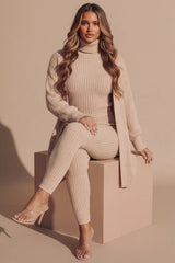 Dusty Pink Ribbed Knitted 3 Piece Loungewear Set-Jinet