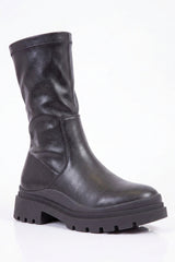 Black Faux Leather Chunky Sole Boots - Ukyana