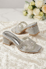 Silver Diamanté Cut-Out Block Heel Mule Sandals - Jara