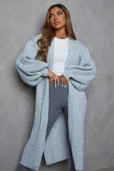 Grey Knitted Balloon Sleeve Side Split Longline Midi Cardigan- Emmy