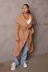 Tan Long Sleeve Belted Side Pocket Shawl Collar Midi Longline Coat - Payton