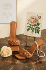Camel Reversible Plait Strap Square Toe Heeled Mules - Juana