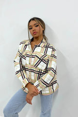 Stone Check Print Oversized Button Up Pocket Shacket - Isabella