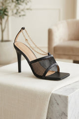 Black Diamante Perspex Strap Mules - Britney
