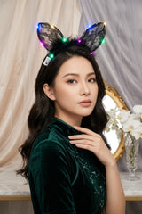 Black Halloween Filigree Cat Ears Headband with LED Lights - Gabrielle
