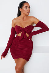 Wine Slinky Ruched Bardot Long Sleeve Cut Out Tie Front  Bodycon Mini Dress - Zion