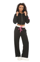 Black Cropped Zip-Up Hoodie with Wide Leg Joggers Statement Patch Loungewear Set – Zaria
