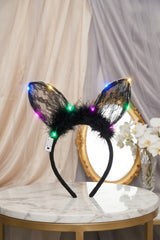 Black Halloween Filigree Cat Ears Headband with LED Lights - Gabrielle