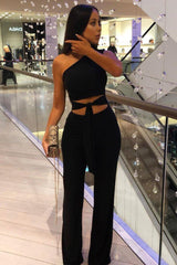 Black Tie Front Slinky One Shoulder Wide Leg Jumpsuit - Heather
