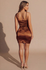 Light Chocolate Satin Cut Out Bust Detail Strappy Bodycon Mini Dress - Adelaide