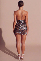 Brown Marble Print Chain Halter Neck Crossover Cut Out Detail Mini Dress - Cassara