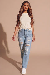 Light Blue Wash Distressed Straight Leg Jeans- Zyan