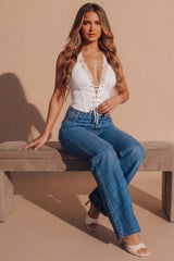 White Lace Trim Lace Up Corset Top- Fioran